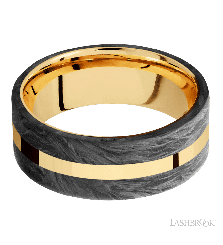 8 mm wide/Flat/14K Yellow Gold band with two 3 mm Double Off Center Edge inlays of Forged Carbon Fiber.