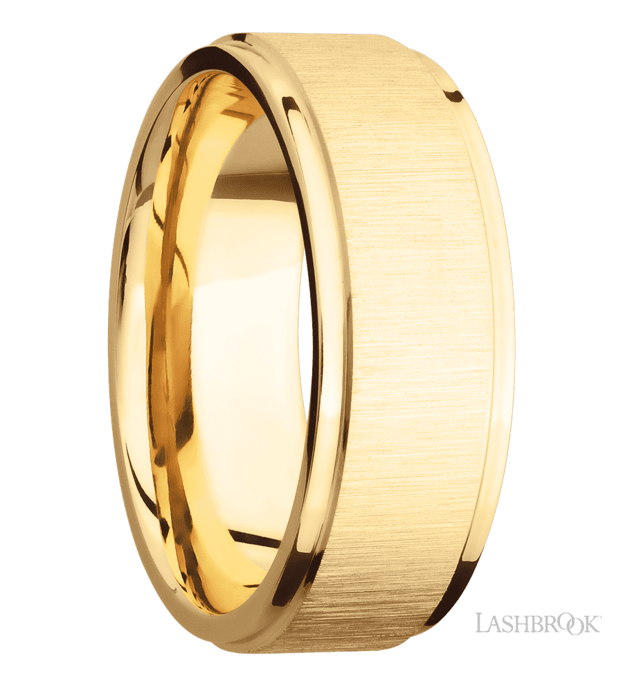 8 mm wide Flat Grooved Edges 14K Yellow Gold band.
