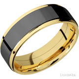 7 mm wide/Flat Grooved Edges/14K Yellow Gold band with one 5 mm Raised Centered inlay of Zirconium.