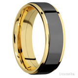7 mm wide/Flat Grooved Edges/14K Yellow Gold band with one 5 mm Raised Centered inlay of Zirconium.