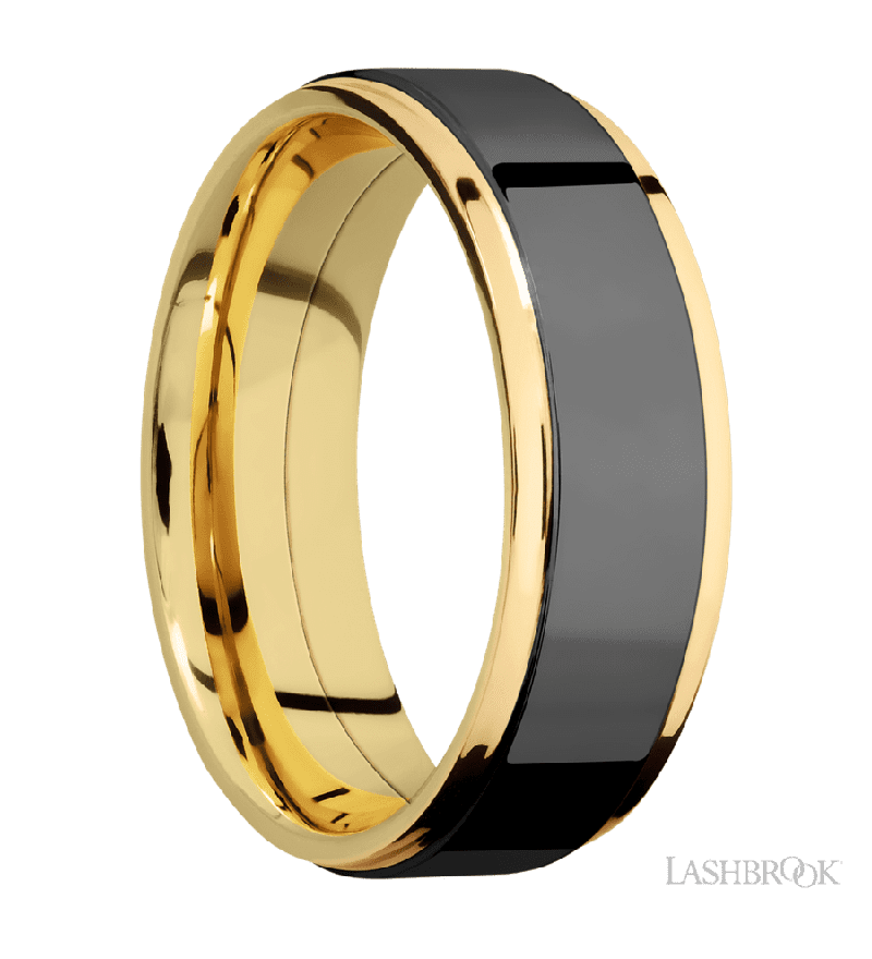 7 mm wide/Flat Grooved Edges/14K Yellow Gold band with one 5 mm Raised Centered inlay of Zirconium.