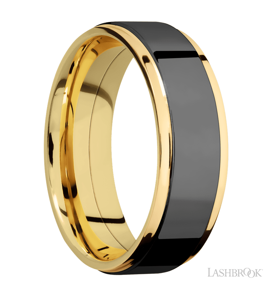 7 mm wide/Flat Grooved Edges/14K Yellow Gold band with one 5 mm Raised Centered inlay of Zirconium.