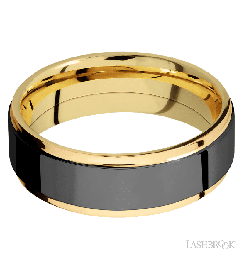 7 mm wide/Flat Grooved Edges/14K Yellow Gold band with one 5 mm Raised Centered inlay of Zirconium.