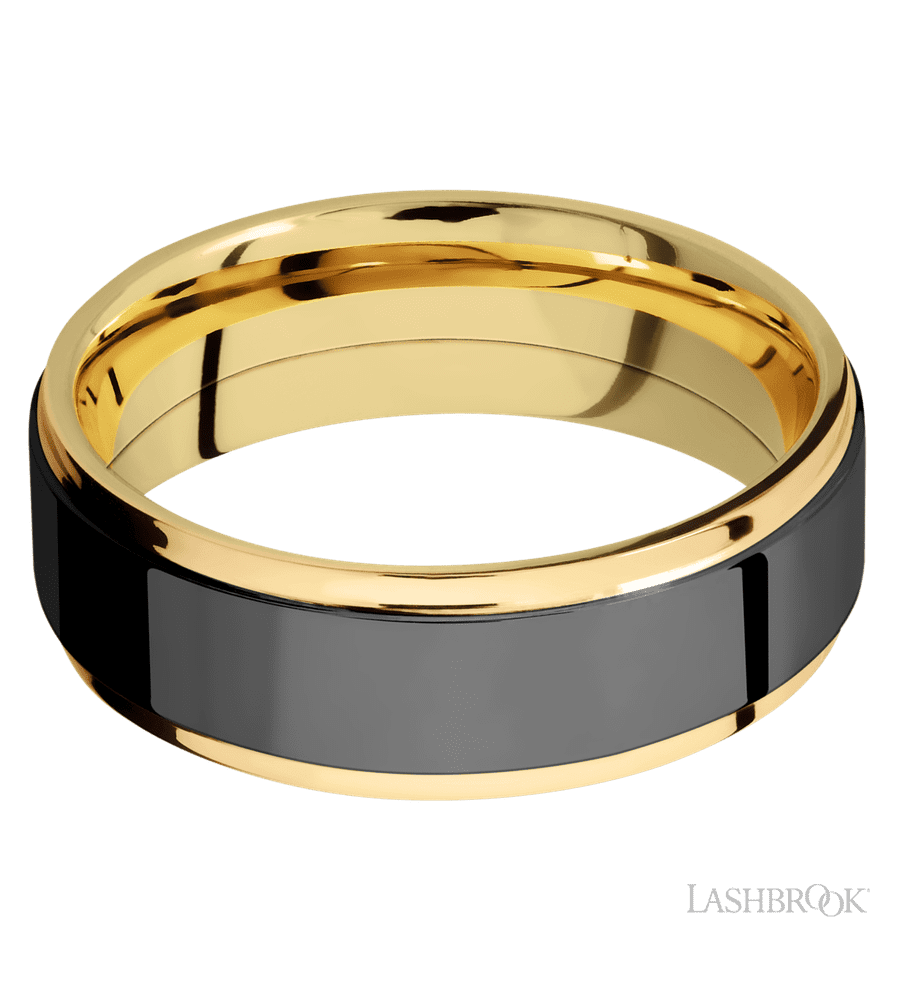 7 mm wide/Flat Grooved Edges/14K Yellow Gold band with one 5 mm Raised Centered inlay of Zirconium.