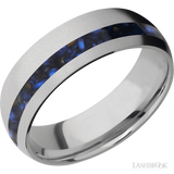 7 mm wide/Domed/Titanium band with one 2 mm Off Center inlay of Blue Tiger Eye.