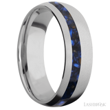 7 mm wide/Domed/Titanium band with one 2 mm Off Center inlay of Blue Tiger Eye.
