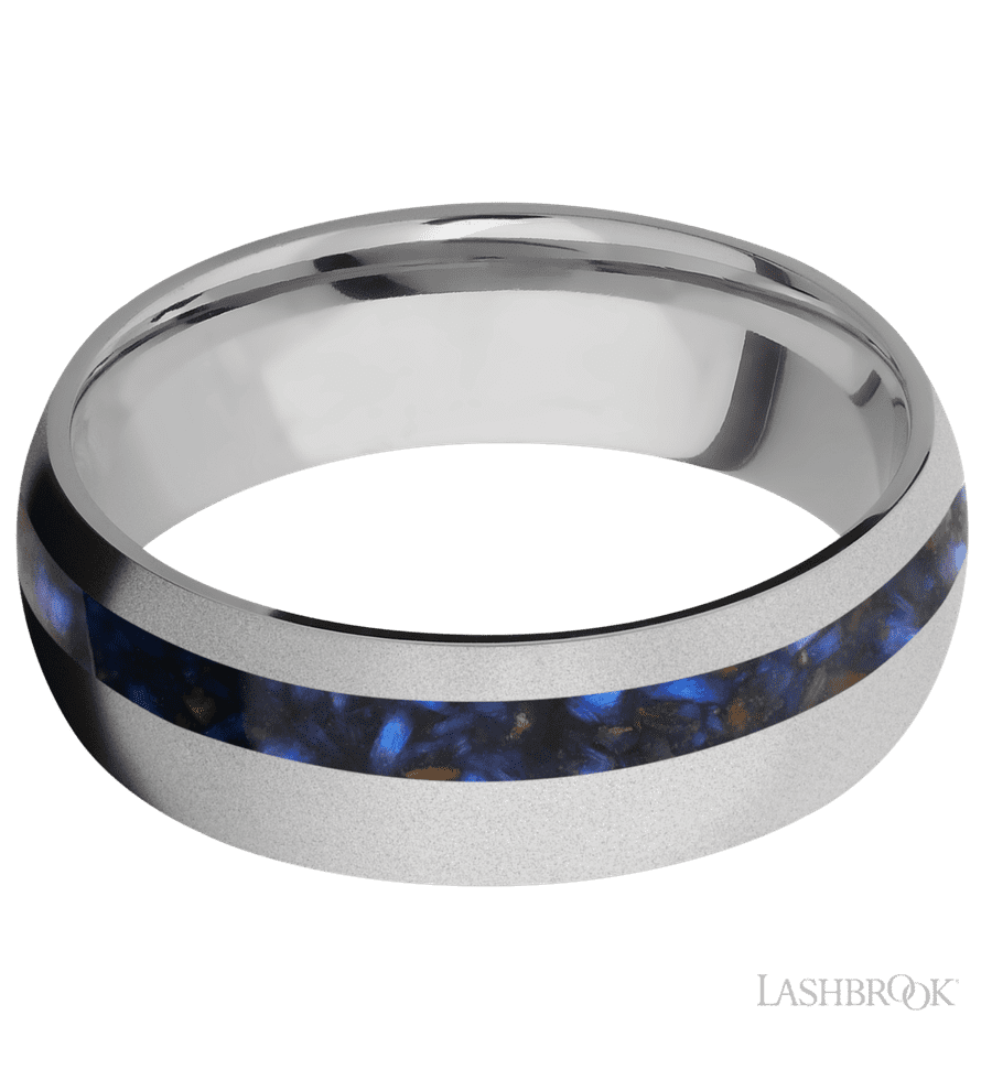 7 mm wide/Domed/Titanium band with one 2 mm Off Center inlay of Blue Tiger Eye.