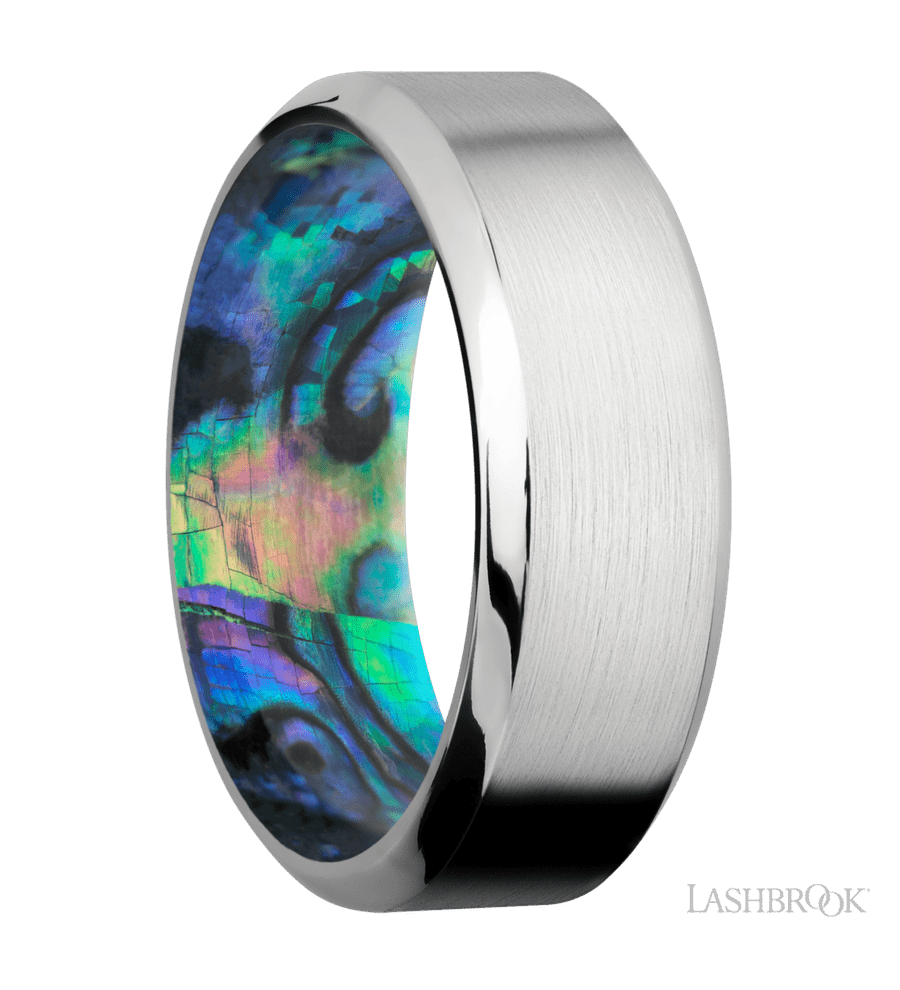 8 mm wide High Bevel Cobalt Chrome band featuring a Abalone sleeve.