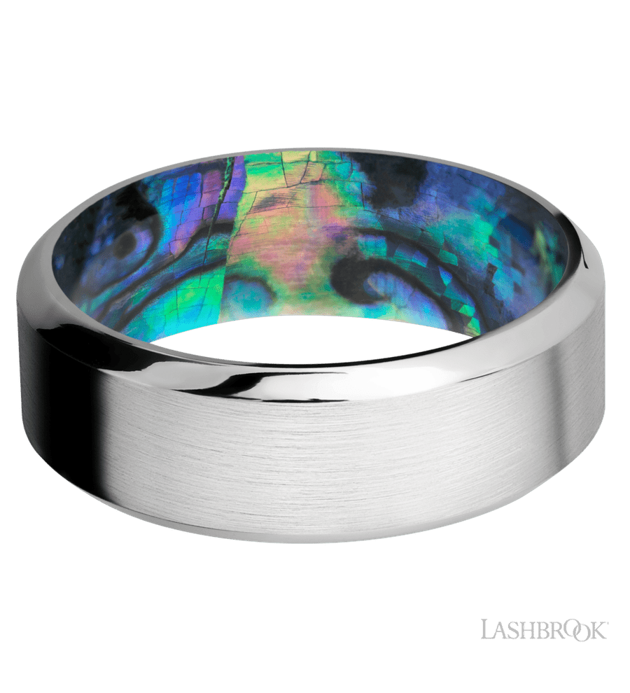 8 mm wide High Bevel Cobalt Chrome band featuring a Abalone sleeve.