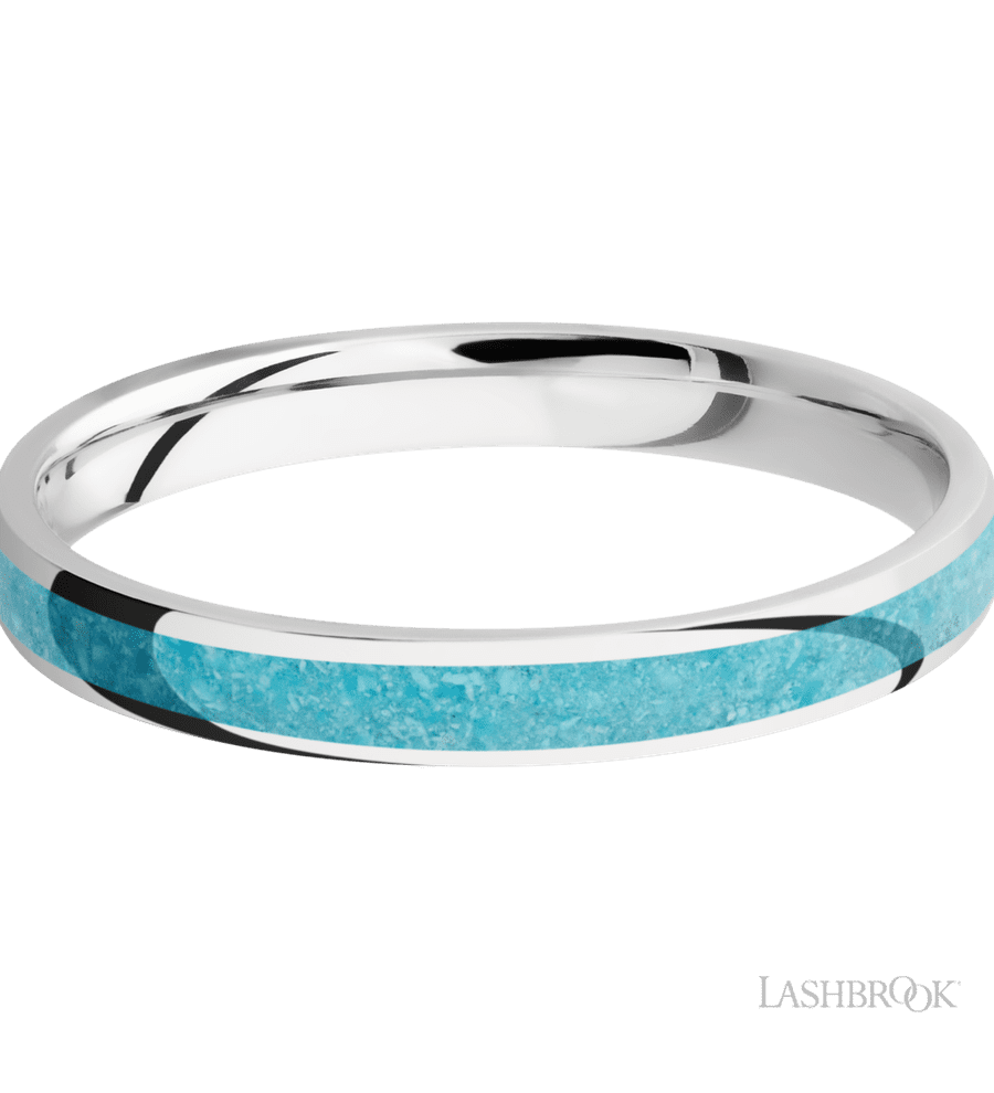 3 mm wide/Domed/Cobalt Chrome band with one 2 mm Centered inlay of Turquoise.