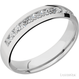 5 mm wide/Domed/Cobalt Chrome band with a Half Eternity arrangement of .07 carat Round Diamond stones in a Channel setting.