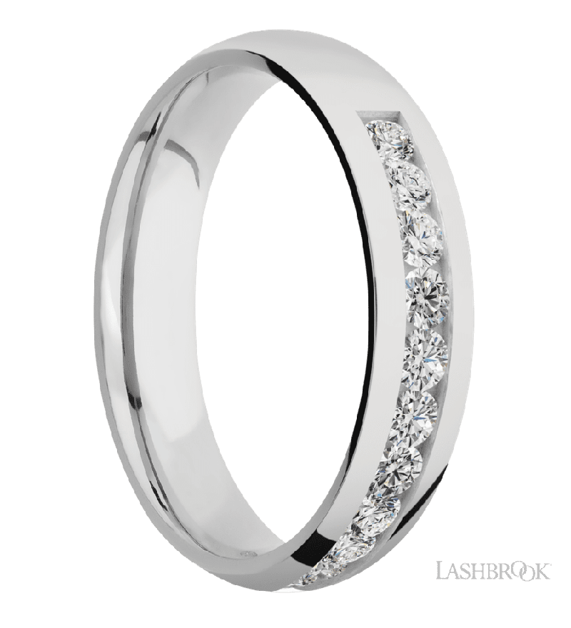 5 mm wide/Domed/Cobalt Chrome band with a Half Eternity arrangement of .07 carat Round Diamond stones in a Channel setting.