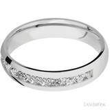5 mm wide/Domed/Cobalt Chrome band with a Half Eternity arrangement of .07 carat Round Diamond stones in a Channel setting.