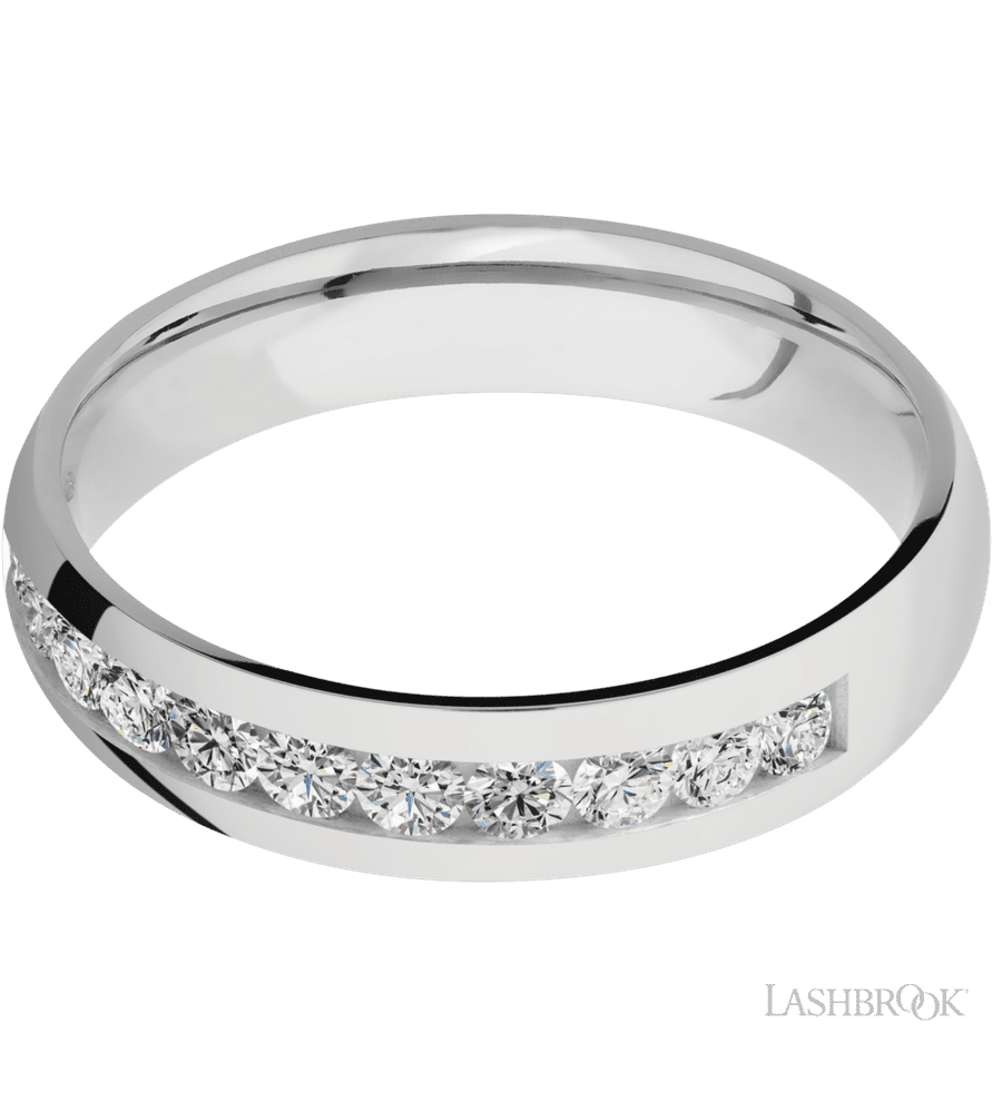 5 mm wide/Domed/Cobalt Chrome band with a Half Eternity arrangement of .07 carat Round Diamond stones in a Channel setting.
