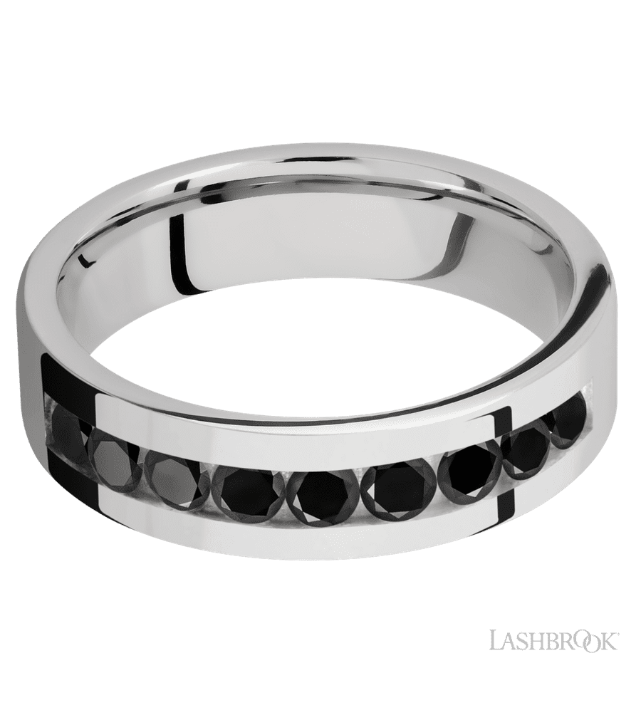 6 mm wide/Flat/Cobalt Chrome band with an  arrangement of 9, .1 carat Round Black Diamond stones in a Channel setting.