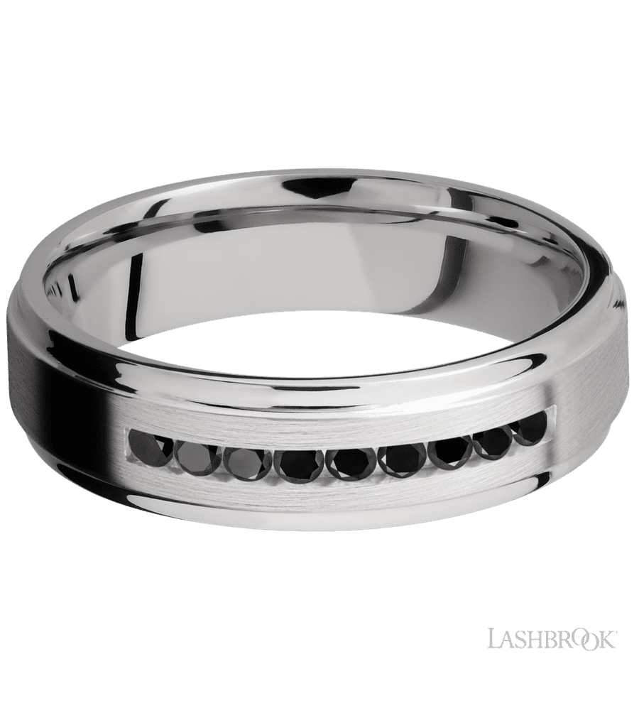 6 mm wide/Flat Grooved Edges/Cobalt Chrome band with an  arrangement of 9, .03 carat Round Black Diamond stones in a Channel setting.