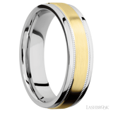 6 mm wide/Flat Stepped Edges Milgrain/Cobalt Chrome band with one 3 mm Raised Centered inlay of 14K Yellow Gold.