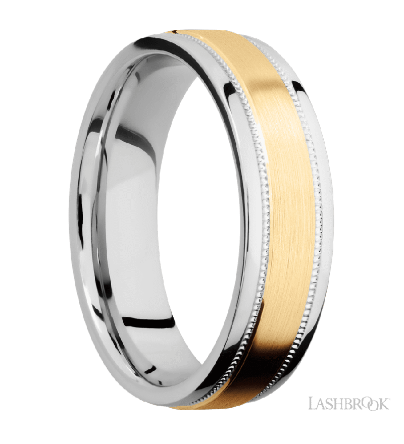 6 mm wide/Flat Stepped Edges Milgrain/Cobalt Chrome band with one 3 mm Raised Centered inlay of 14K Yellow Gold.