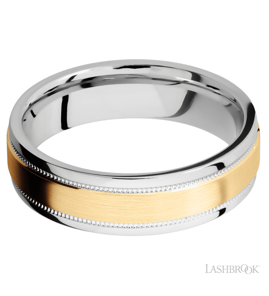 6 mm wide/Flat Stepped Edges Milgrain/Cobalt Chrome band with one 3 mm Raised Centered inlay of 14K Yellow Gold.