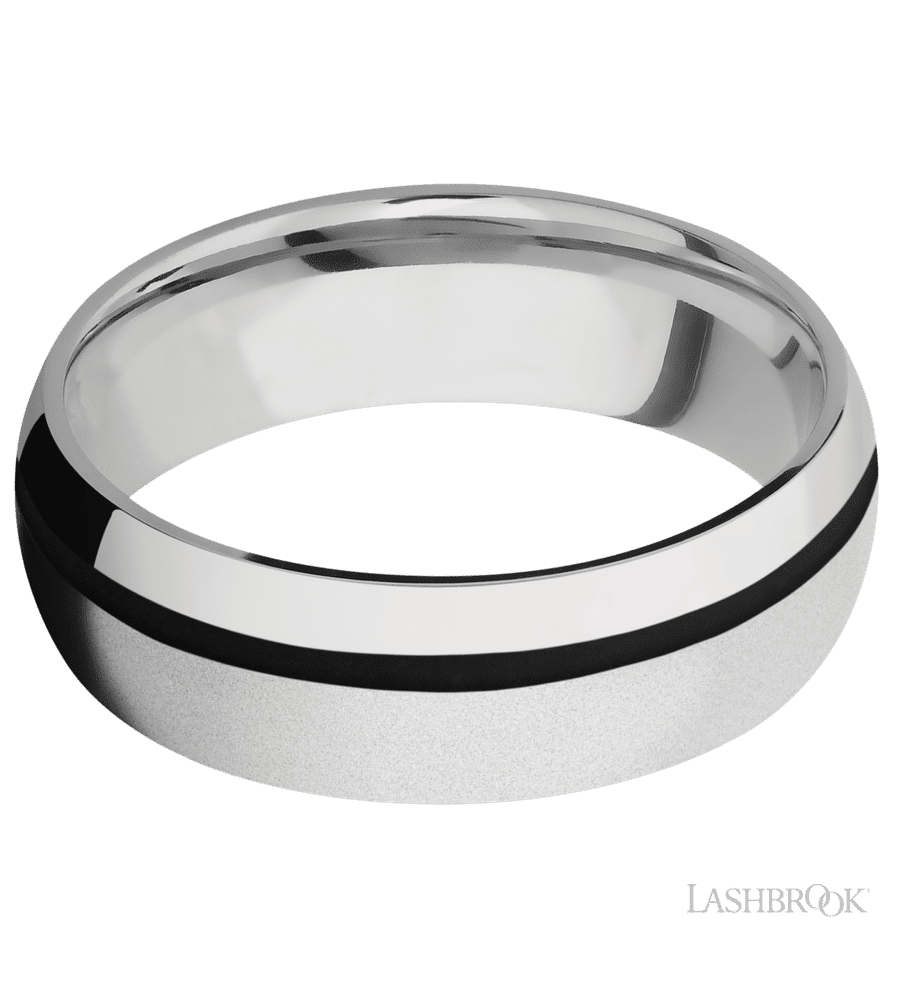 7 mm wide/Domed/Cobalt Chrome band with one 1 mm Off Center inlay of Black.