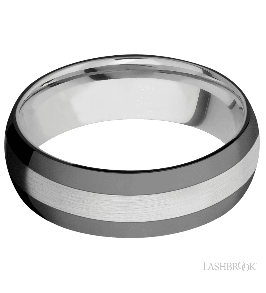 7 mm wide/Domed/Cobalt Chrome band with two 2 mm Double Off Center Edge inlays of Zirconium.