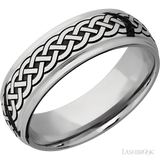 7 mm wide/Domed Stepped Down Edges/Cobalt Chrome band with a laser carved Celtic 9 pattern.