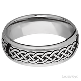 7 mm wide/Domed Stepped Down Edges/Cobalt Chrome band with a laser carved Celtic 9 pattern.