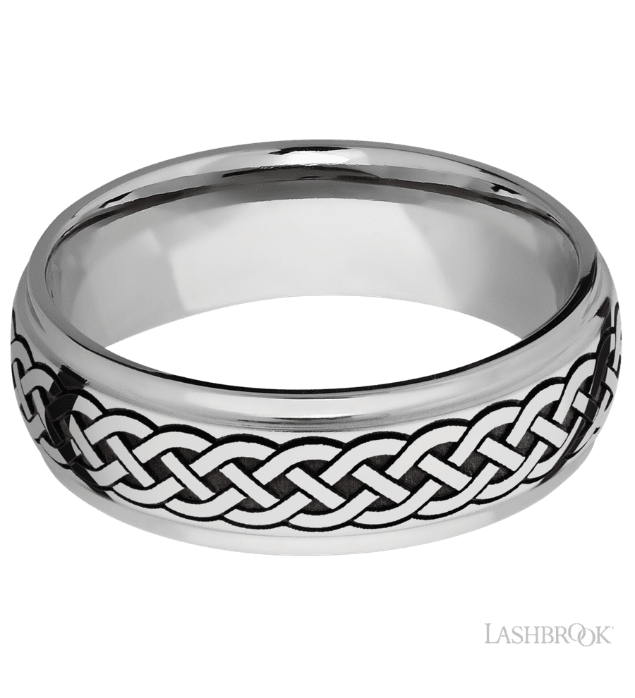 7 mm wide/Domed Stepped Down Edges/Cobalt Chrome band with a laser carved Celtic 9 pattern.