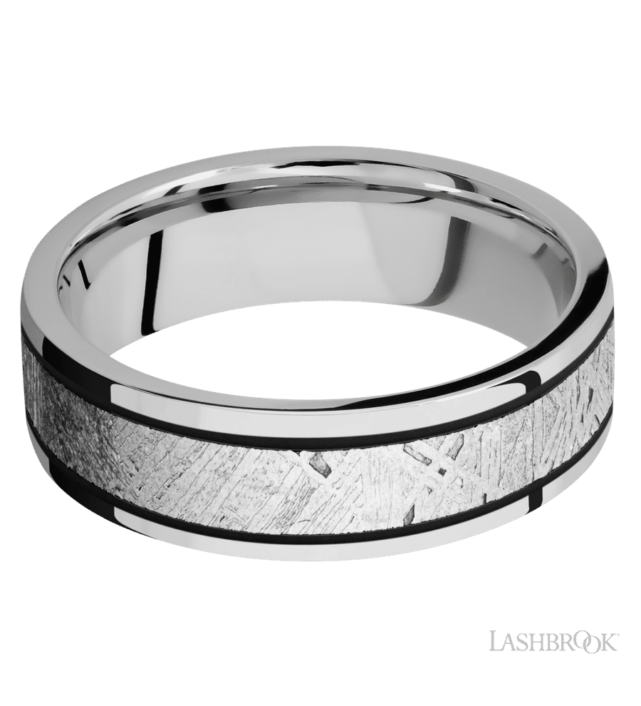 7 mm wide/Flat/Cobalt Chrome band with one 4 mm Centered inlay of Meteorite.