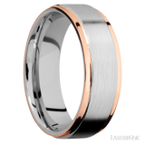 7 mm wide/Flat Grooved Edges/Cobalt Chrome band with two 1 mm Edge inlays of 14K Rose Gold.