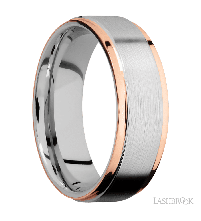 7 mm wide/Flat Grooved Edges/Cobalt Chrome band with two 1 mm Edge inlays of 14K Rose Gold.