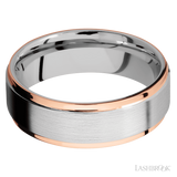 7 mm wide/Flat Grooved Edges/Cobalt Chrome band with two 1 mm Edge inlays of 14K Rose Gold.