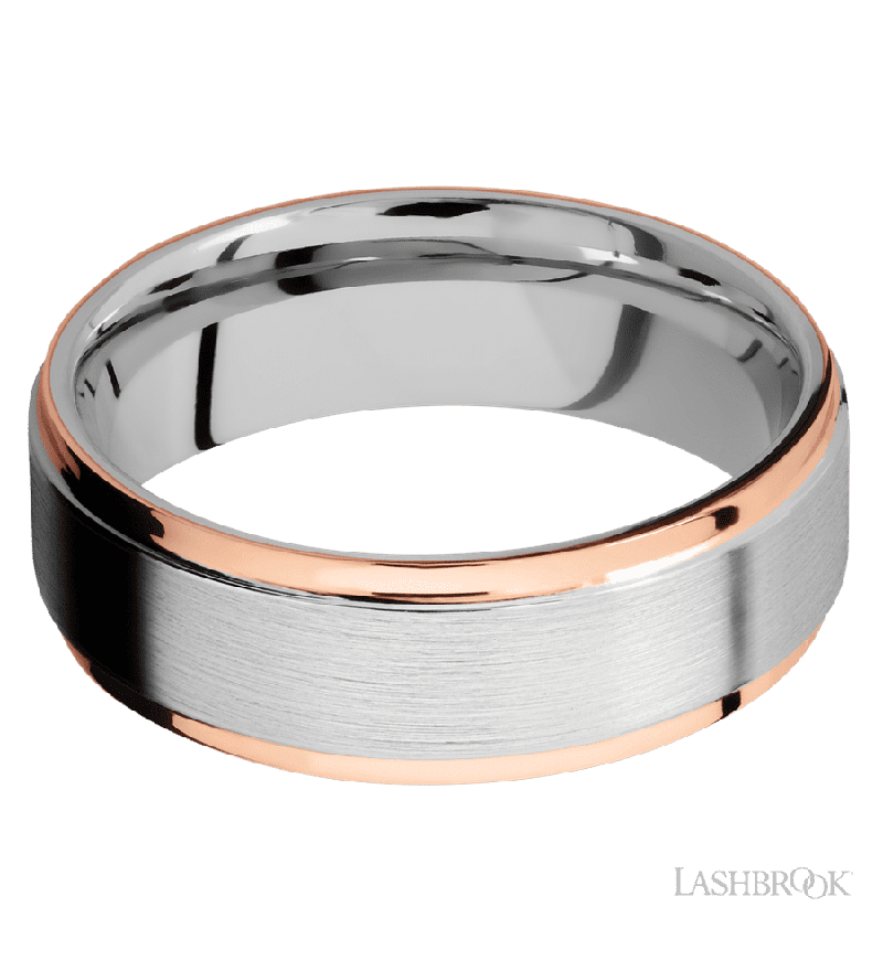 7 mm wide/Flat Grooved Edges/Cobalt Chrome band with two 1 mm Edge inlays of 14K Rose Gold.