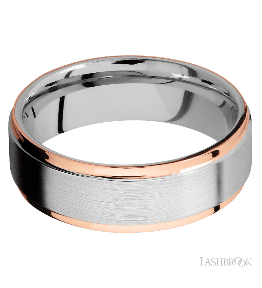 7 mm wide/Flat Grooved Edges/Cobalt Chrome band with two 1 mm Edge inlays of 14K Rose Gold.