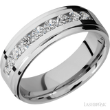 7 mm wide/Flat Grooved Edges/Cobalt Chrome band with an  arrangement of 9, .1 carat Round Diamond stones in a Channel setting.