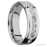 7 mm wide/Flat Grooved Edges/Cobalt Chrome band with an  arrangement of 9, .1 carat Round Diamond stones in a Channel setting.