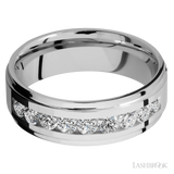 7 mm wide/Flat Grooved Edges/Cobalt Chrome band with an  arrangement of 9, .1 carat Round Diamond stones in a Channel setting.