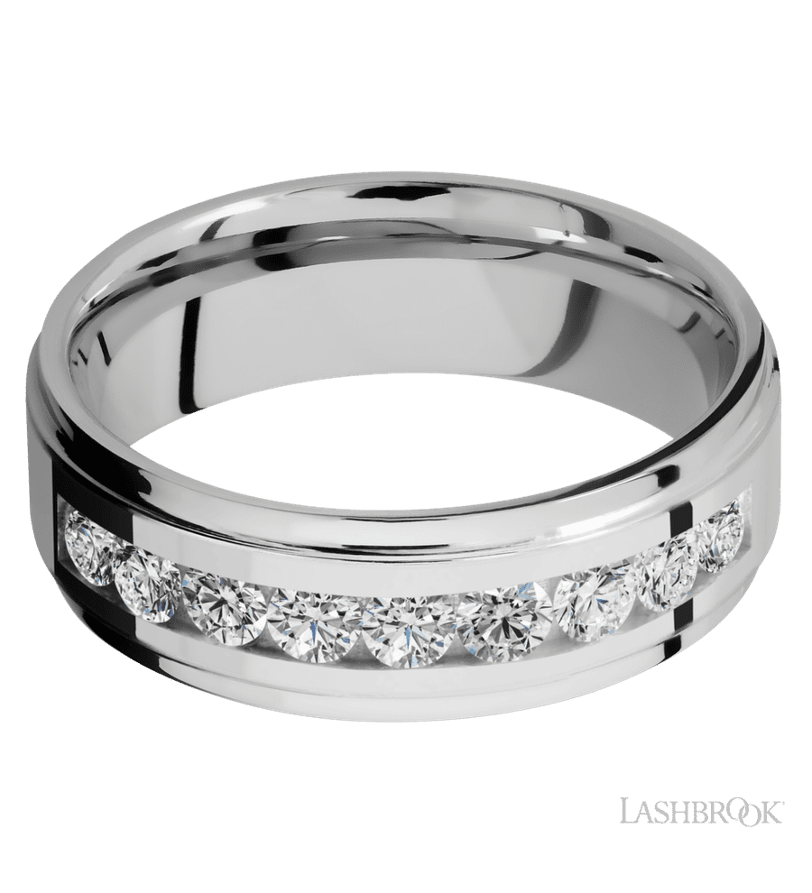 7 mm wide/Flat Grooved Edges/Cobalt Chrome band with an  arrangement of 9, .1 carat Round Diamond stones in a Channel setting.