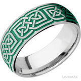 8 mm wide/Domed/Cobalt Chrome band with a laser carved Celtic 17 pattern.