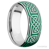 8 mm wide/Domed/Cobalt Chrome band with a laser carved Celtic 17 pattern.