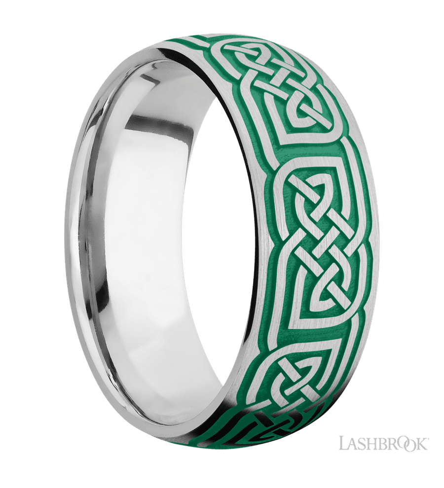 8 mm wide/Domed/Cobalt Chrome band with a laser carved Celtic 17 pattern.
