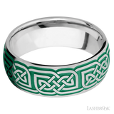 8 mm wide/Domed/Cobalt Chrome band with a laser carved Celtic 17 pattern.