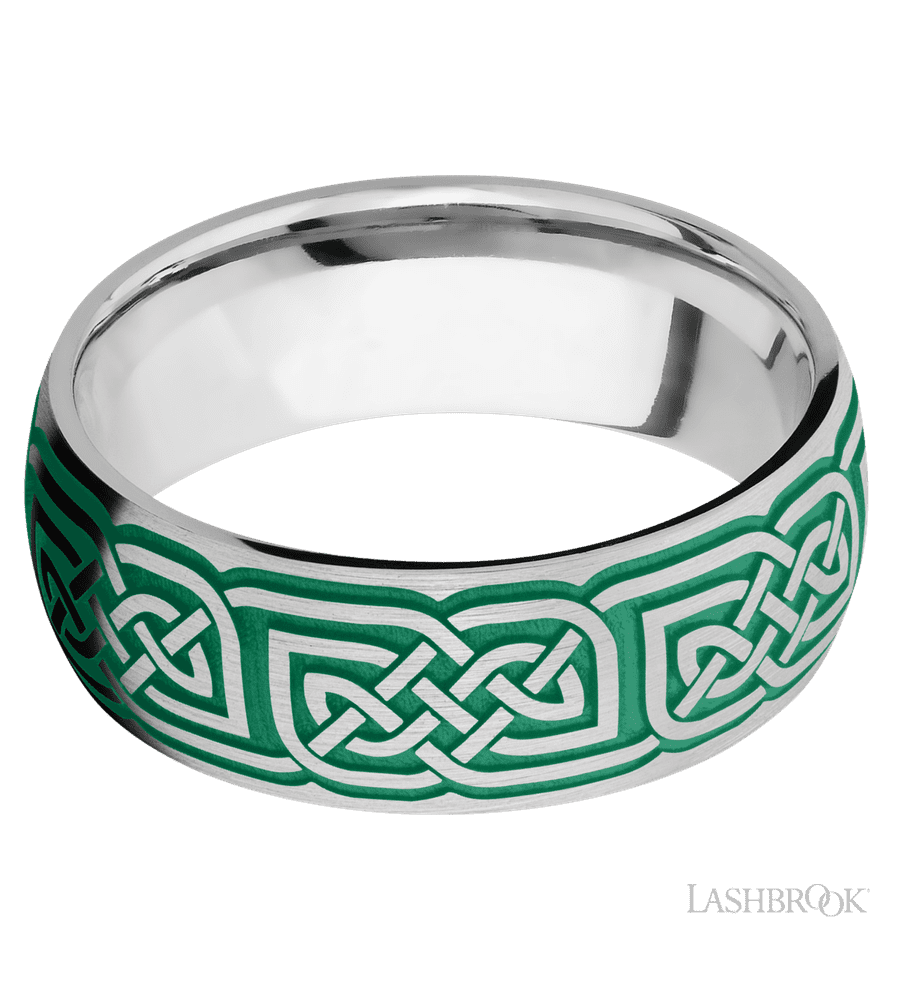 8 mm wide/Domed/Cobalt Chrome band with a laser carved Celtic 17 pattern.