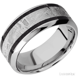 9 mm wide/High Bevel/Cobalt Chrome band featuring inlays of Dinosaur Bone Black and Meteorite.