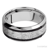 9 mm wide/High Bevel/Cobalt Chrome band featuring inlays of Dinosaur Bone Black and Meteorite.