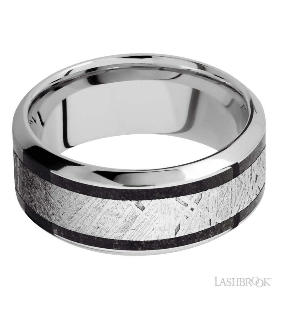9 mm wide/High Bevel/Cobalt Chrome band featuring inlays of Dinosaur Bone Black and Meteorite.