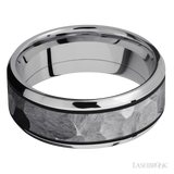 8 mm wide/Beveled/Cobalt Chrome band with one 5 mm Centered inlay of Tantalum.