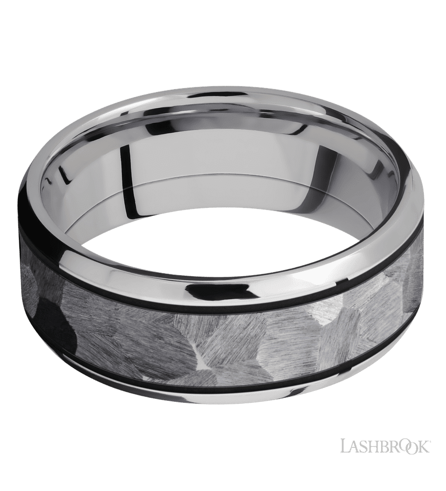 8 mm wide/Beveled/Cobalt Chrome band with one 5 mm Centered inlay of Tantalum.