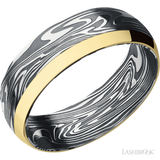 7 mm wide/Domed/Kinetic band with one 2 mm Off Center Edge inlay of 14K Yellow Gold.