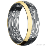 7 mm wide/Domed/Kinetic band with one 2 mm Off Center Edge inlay of 14K Yellow Gold.